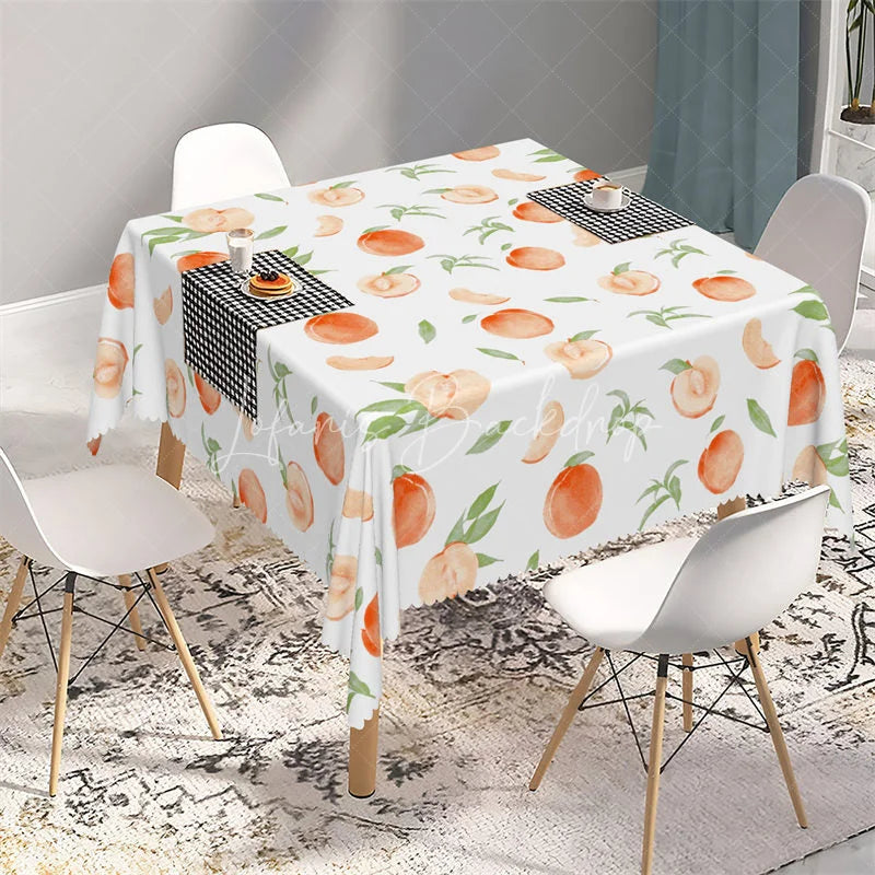 Lofaris Fresh Watercolor Peach and Leaf Rectangle Tablecloth Summer Fruit Pattern Table Cover for Kitchen Dining