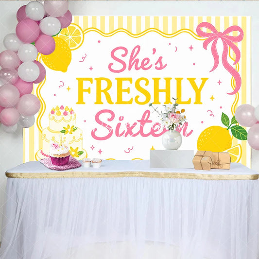 Lofaris Freshly Sixteen Lemon and Cake Yellow Pink Birthday Backdrop Sweet Party Decor.