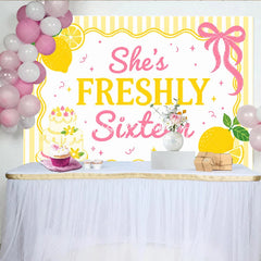 Lofaris Freshly Sixteen Lemon and Cake Yellow Pink Birthday Backdrop Sweet Party Decor.