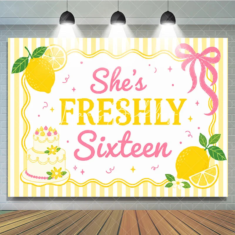 Lofaris Freshly Sixteen Lemon and Cake Yellow Pink Birthday Backdrop Sweet Party Decor.