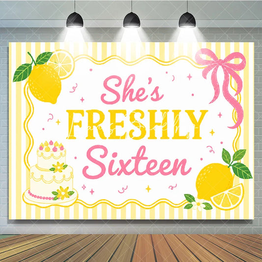 Lofaris Freshly Sixteen Lemon and Cake Yellow Pink Birthday Backdrop Sweet Party Decor.