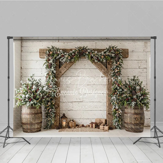 Lofaris Frosted Pine Garland Wooden Arch Holiday Backdrop with Rustic Barrels and Christmas Gifts Winter Festive Decor