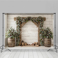 Lofaris Frosted Pine Garland Wooden Arch Holiday Backdrop with Rustic Barrels and Christmas Gifts Winter Festive Decor