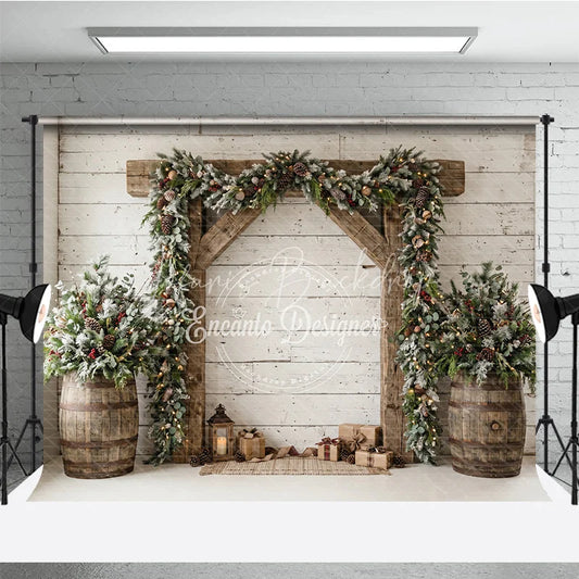 Lofaris Frosted Pine Garland Wooden Arch Holiday Backdrop with Rustic Barrels and Christmas Gifts Winter Festive Decor