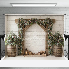 Lofaris Frosted Pine Garland Wooden Arch Holiday Backdrop with Rustic Barrels and Christmas Gifts Winter Festive Decor