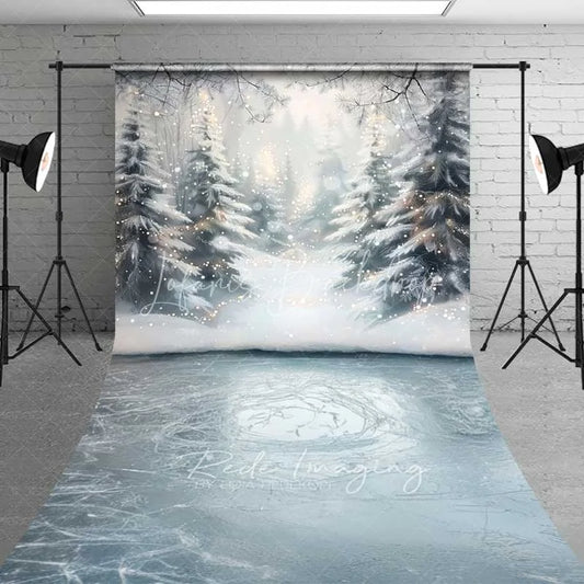 Lofaris Frozen Winter Lake Sweep Backdrop Snowy Forest Bokeh Lights Ice Floor Photo Background