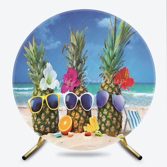 Lofaris Fun Tropical Pineapples with Sunglasses and Flowers Round Backdrop Sunny Beach Summer Vacation Party Decor