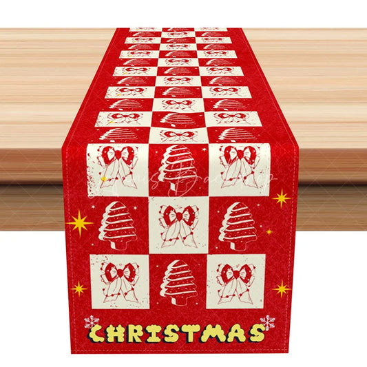 Lofaris Funky Red Checkered Christmas Table Runner Retro Trees and Bows Holiday Party Dining Decor