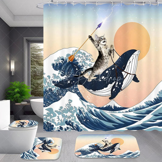 Lofaris Funny Cat Riding Whale Shower Curtain Set, 4 Piece Ukiyo-e Great Wave Style Bathroom Decor with Rugs