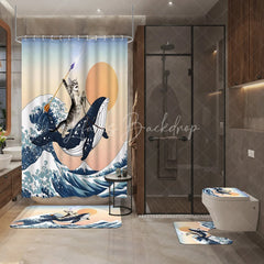 Lofaris Funny Cat Riding Whale Shower Curtain Set 4 Piece Ukiyo-e Great Wave Style Bathroom Decor with Rugs