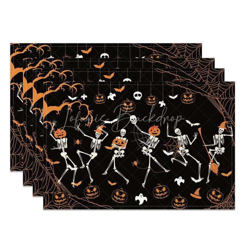 Lofaris Funny Dancing Skeleton and Jack-O’-Lantern Set of 4 Placemats for Spooky Fun Halloween Decor
