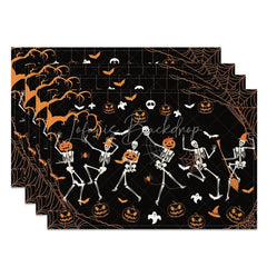 Lofaris Funny Dancing Skeleton and Jack-O’-Lantern Set of 4 Placemats for Spooky Fun Halloween Decor