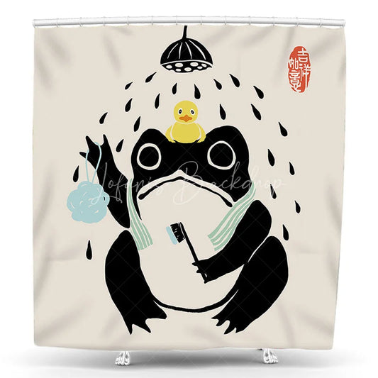 Lofaris Funny Frog Bathing Shower Curtain Cute Rubber Duck Loofah Toothbrush Kids Fun Cartoon Bathroom Decor