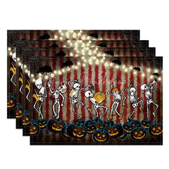 Lofaris Funny Halloween Set of 4 Placemats with Dancing Skeleton Mouse and Spiderweb for Kids Party Decor