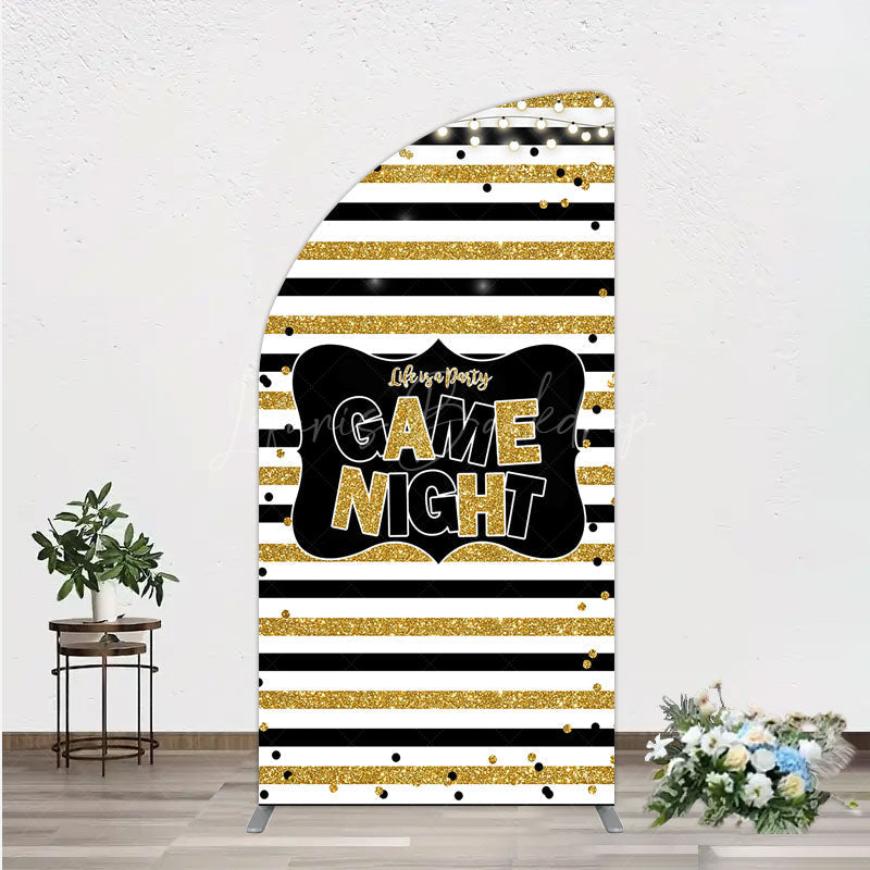 Lofaris Game Night Party Half Moon Arch Backdrop in Black and Gold Glitter Life is a Theme Adult Birthday Photo Booth Decor