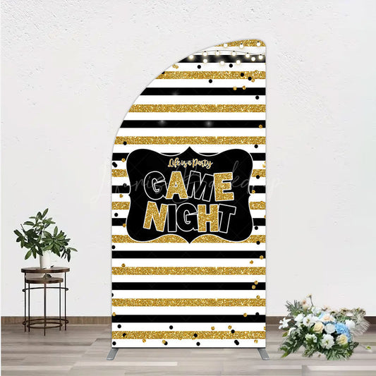Lofaris Game Night Party Half Moon Arch Backdrop in Black and Gold Glitter Life is a Theme Adult Birthday Photo Booth Decor