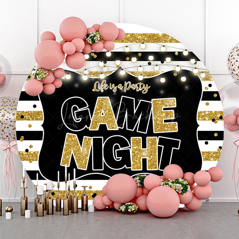 Lofaris Game Night Party Round Backdrop Black and Gold Glitter with String Lights Fun Family or Friends Get Together