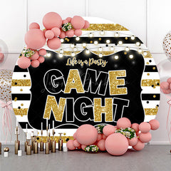 Lofaris Game Night Party Round Backdrop Black and Gold Glitter with String Lights Fun Family or Friends Get Together