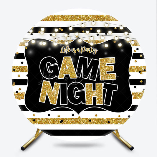 Lofaris Game Night Party Round Backdrop Black and Gold Glitter with String Lights Fun Family or Friends Get Together