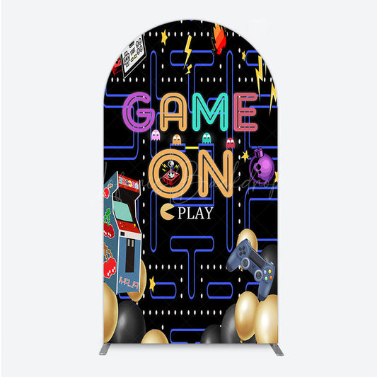 Lofaris Game On Retro Arcade Arch Backdrop for Birthday 80s Video Inspired Theme Pixel Party Photo Booth Decor