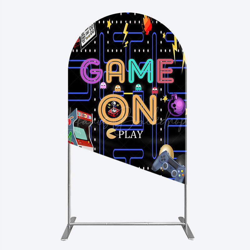 Lofaris Game On Retro Arcade Arch Backdrop for Birthday 80s Video Inspired Theme Pixel Party Photo Booth Decor