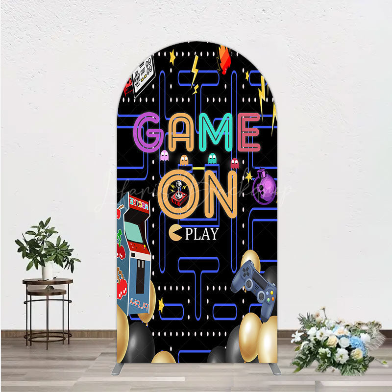 Lofaris Game On Retro Arcade Arch Backdrop for Birthday 80s Video Inspired Theme Pixel Party Photo Booth Decor