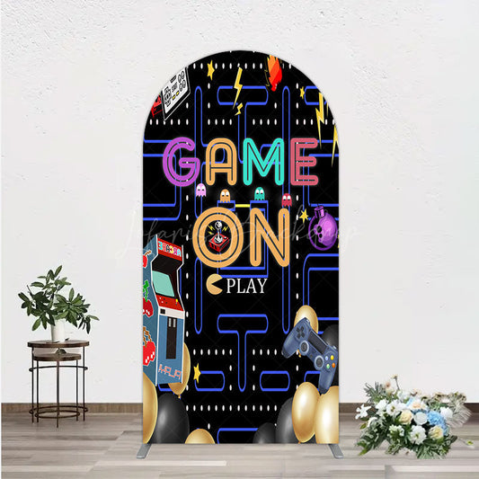 Lofaris Game On Retro Arcade Arch Backdrop for Birthday 80s Video Inspired Theme Pixel Party Photo Booth Decor