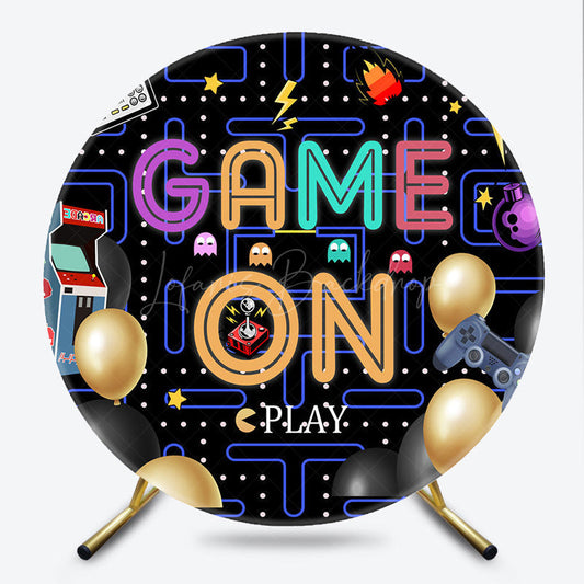Lofaris Game On Retro Arcade Birthday Round Backdrop Pac-Man Inspired 80s Video Neon Pixelated Maze Photo Prop