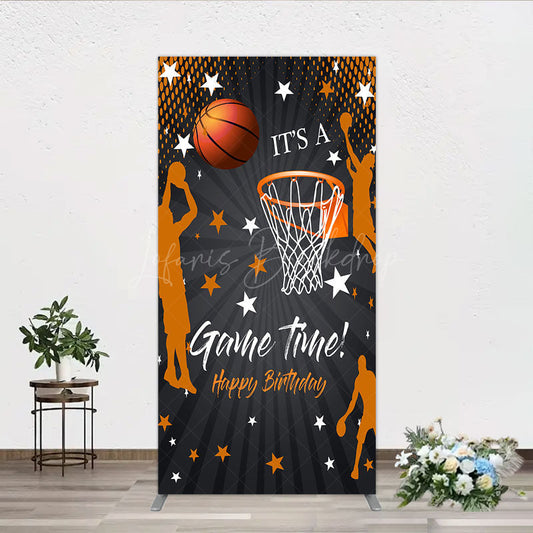 Lofaris Game Time Happy Birthday Rectangle Backdrop Basketball and Hoop Sports Theme Slam Dunk Star Player Party Photo Prop