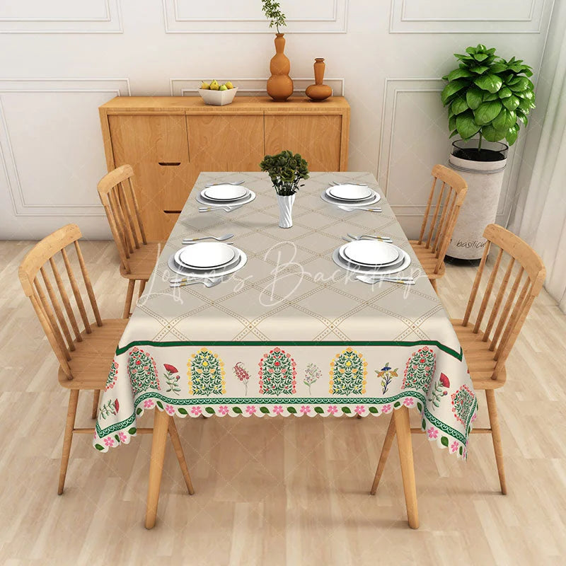 Lofaris Garden Border Rectangle Tablecloth Beige Diamond Pattern Dining Table Cloth Decor