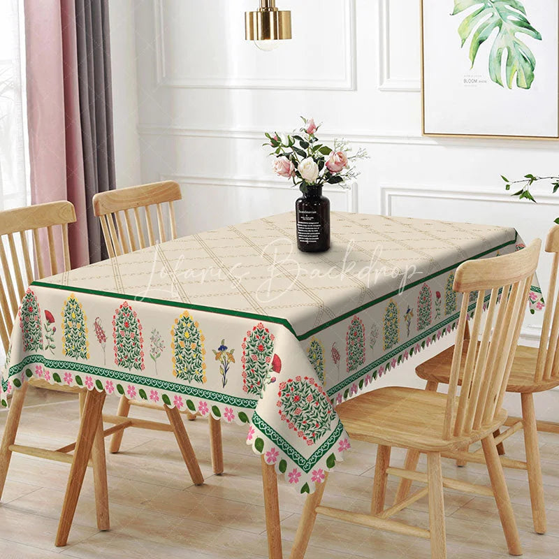 Lofaris Garden Border Rectangle Tablecloth Beige Diamond Pattern Dining Table Cloth Decor