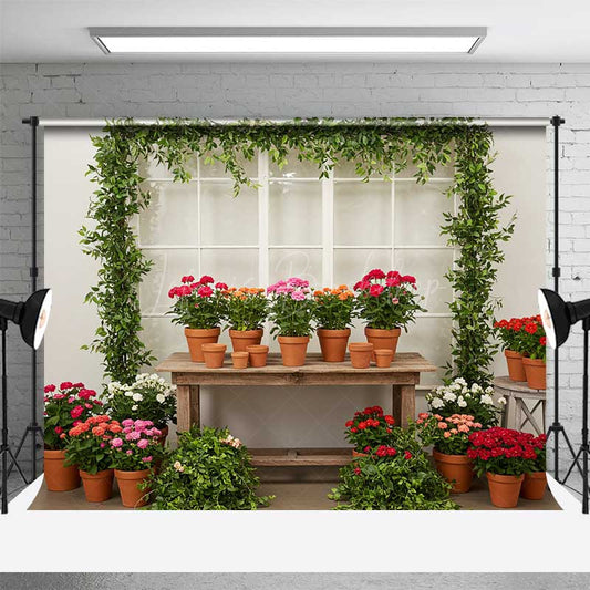 Lofaris Garden Greenhouse Potting Station Backdrop Potted Geraniums and Ivy Spring Floral Photography Background Prop