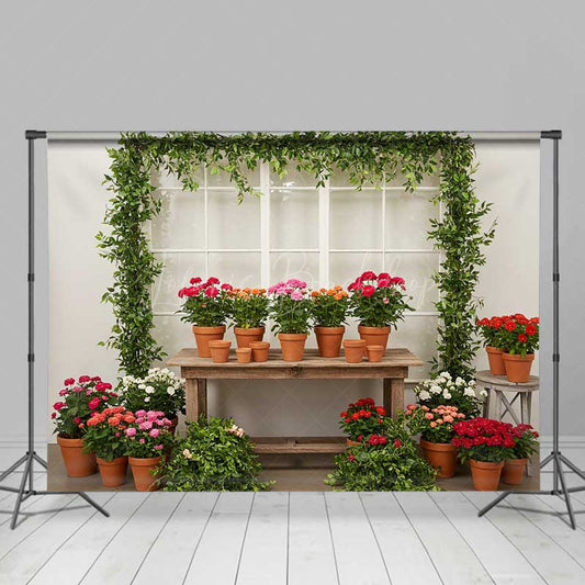 Lofaris Garden Greenhouse Potting Station Backdrop Potted Geraniums and Ivy Spring Floral Photography Background Prop
