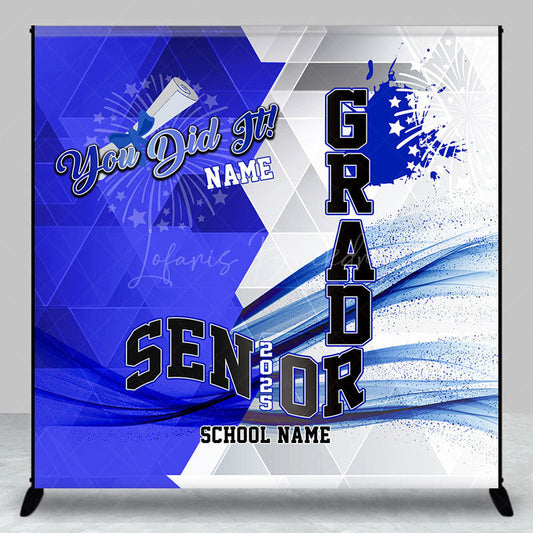 Lofaris Geometric Blue White Senior 2025 Custom Grad Backdrop