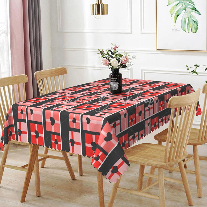 Lofaris Geometric Heart Gift Box Rectangle Tablecloth Red and Pink Squares on Black Modern Valentine Plaid Dining Decor