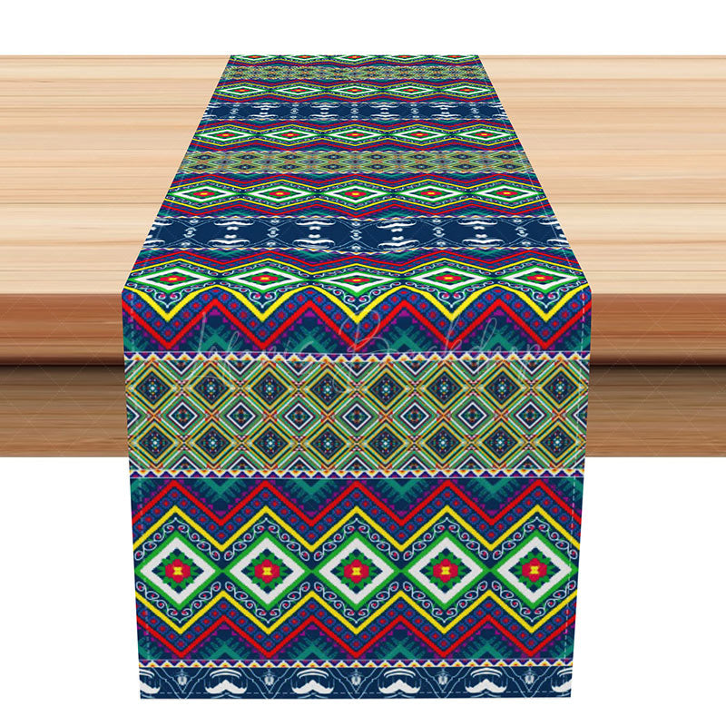 Lofaris Geometric Tribal Table Runner in Green Modern Southwest Pattern for Kitchen and Dining Decor