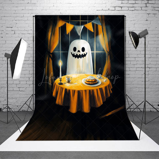 Lofaris Ghost’s Dinner Date Halloween Photography Backdrop Spooky Phantom at a Candlelit Table Fine Art Themed Decor