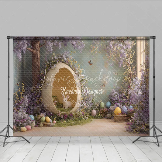 Lofaris Giant Eggshell White Bunny Easter Photography Backdrop Purple Floral and Butterflies Studio Background