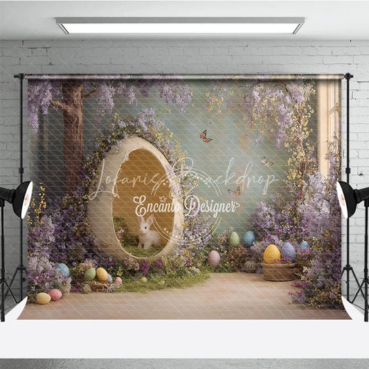 Lofaris Giant Eggshell White Bunny Easter Photography Backdrop Purple Floral and Butterflies Studio Background