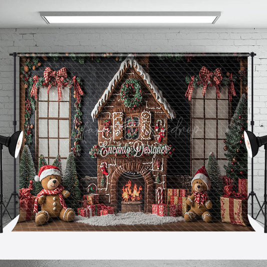 Lofaris Gingerbread House Bear Bow Christmas Photo Backdrop
