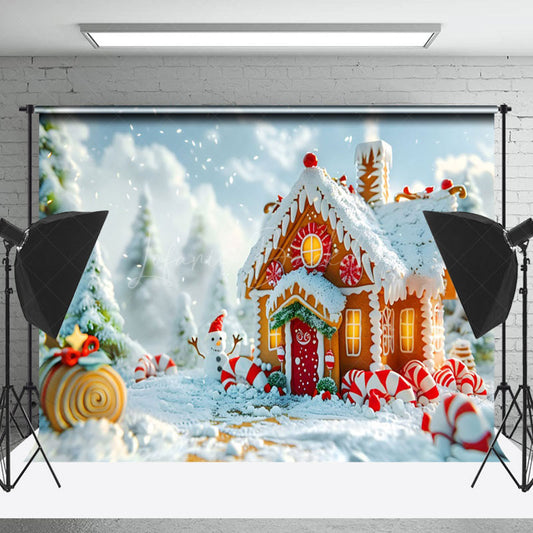 Lofaris Gingerbread House Blurry Forest Christmas Backdrop