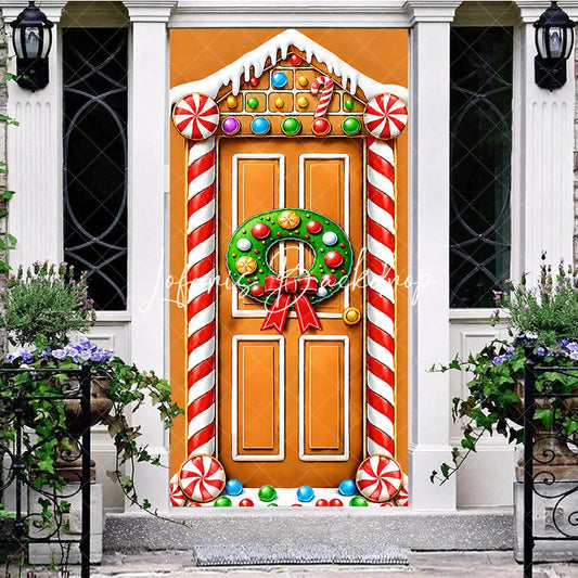 Lofaris Gingerbread House Christmas Door Cover with Holiday Wreath and Candy Canes Festive Winter Party Decoration