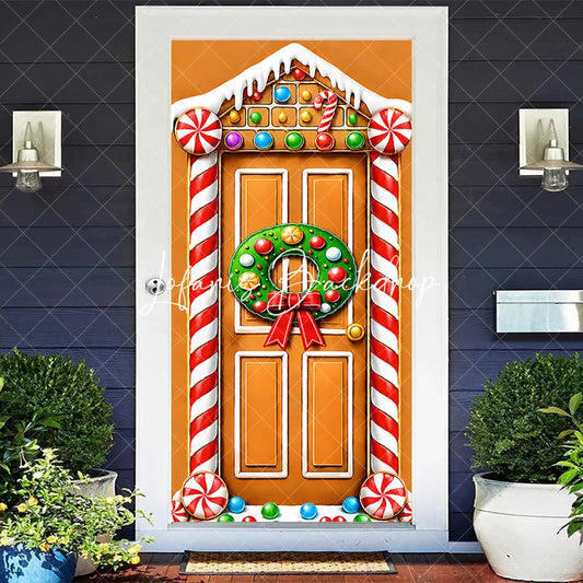 Lofaris Gingerbread House Christmas Door Cover with Holiday Wreath and Candy Canes Festive Winter Party Decoration