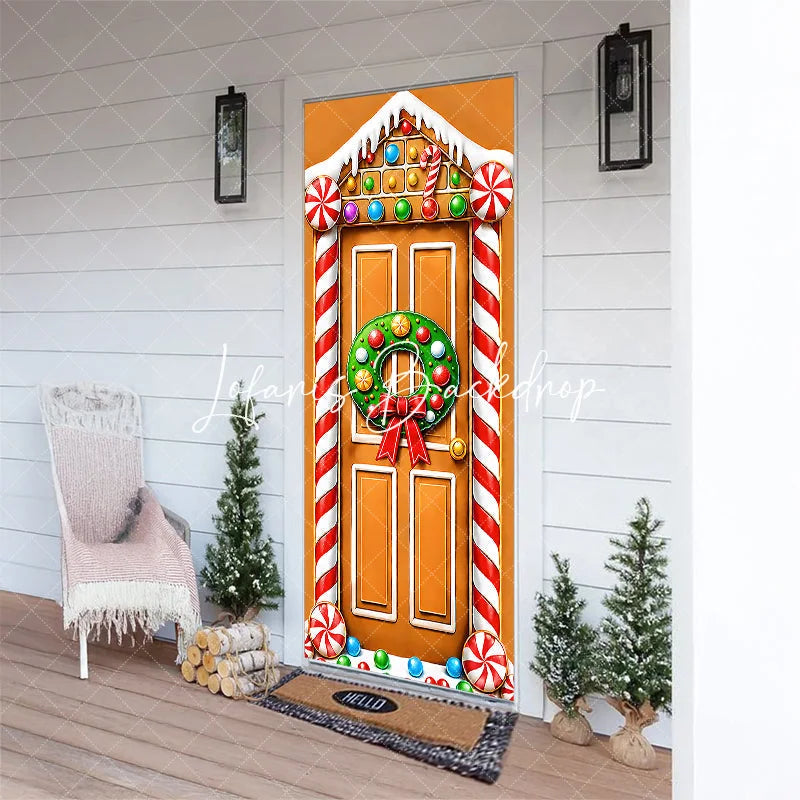 Lofaris Gingerbread House Christmas Door Cover with Holiday Wreath and Candy Canes Festive Winter Party Decoration