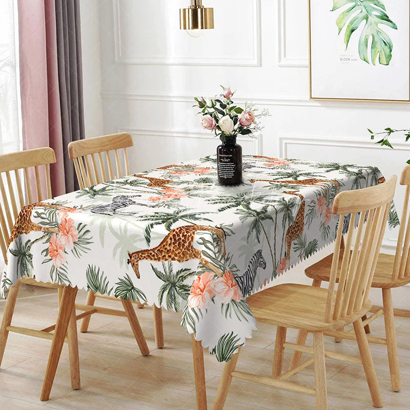 Lofaris Giraffe and Zebra Safari Rectangle Tablecloth Tropical Palm Trees Peach Flowers Table Cover Jungle Decor