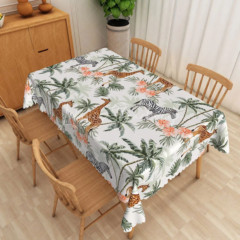 Lofaris Giraffe and Zebra Safari Rectangle Tablecloth Tropical Palm Trees Peach Flowers Table Cover Jungle Decor