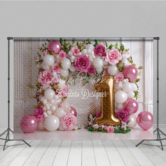 Lofaris Girl First Birthday Balloon Arch Backdrop Pink Rose and Golden Number 1 Photography Background