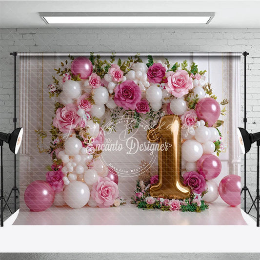 Lofaris Girl First Birthday Balloon Arch Backdrop Pink Rose and Golden Number 1 Photography Background