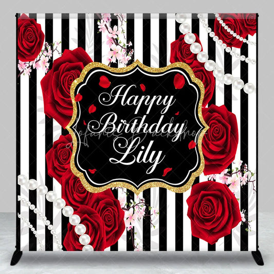 Lofaris Glamorous Black and White Striped Custom Birthday Backdrop with Red Roses Gold Glitter Pearls for Party Decor