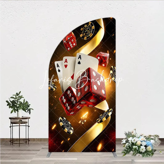 Lofaris Glamorous Casino Game Night Half Moon Arch Backdrop featuring Playing Cards Dice and Golden Chips